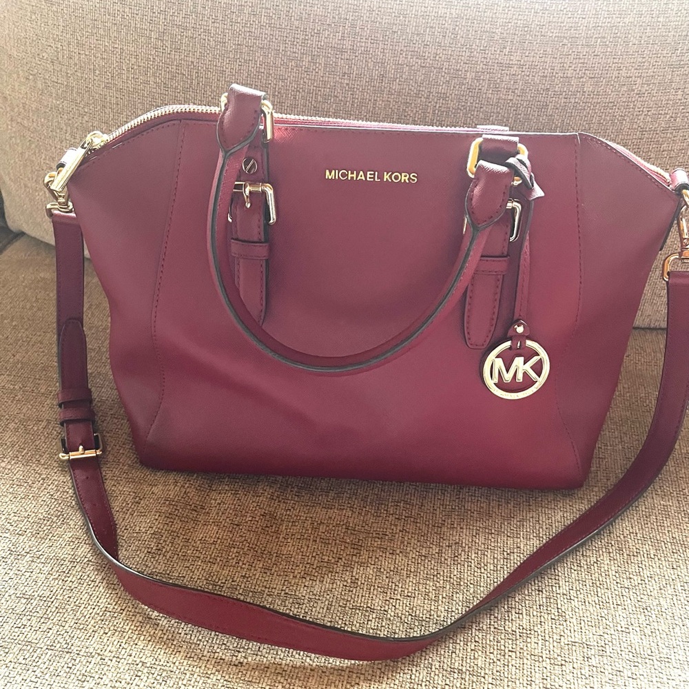 Michael Kors Wine Red Leather Satchel with Gold Hardware